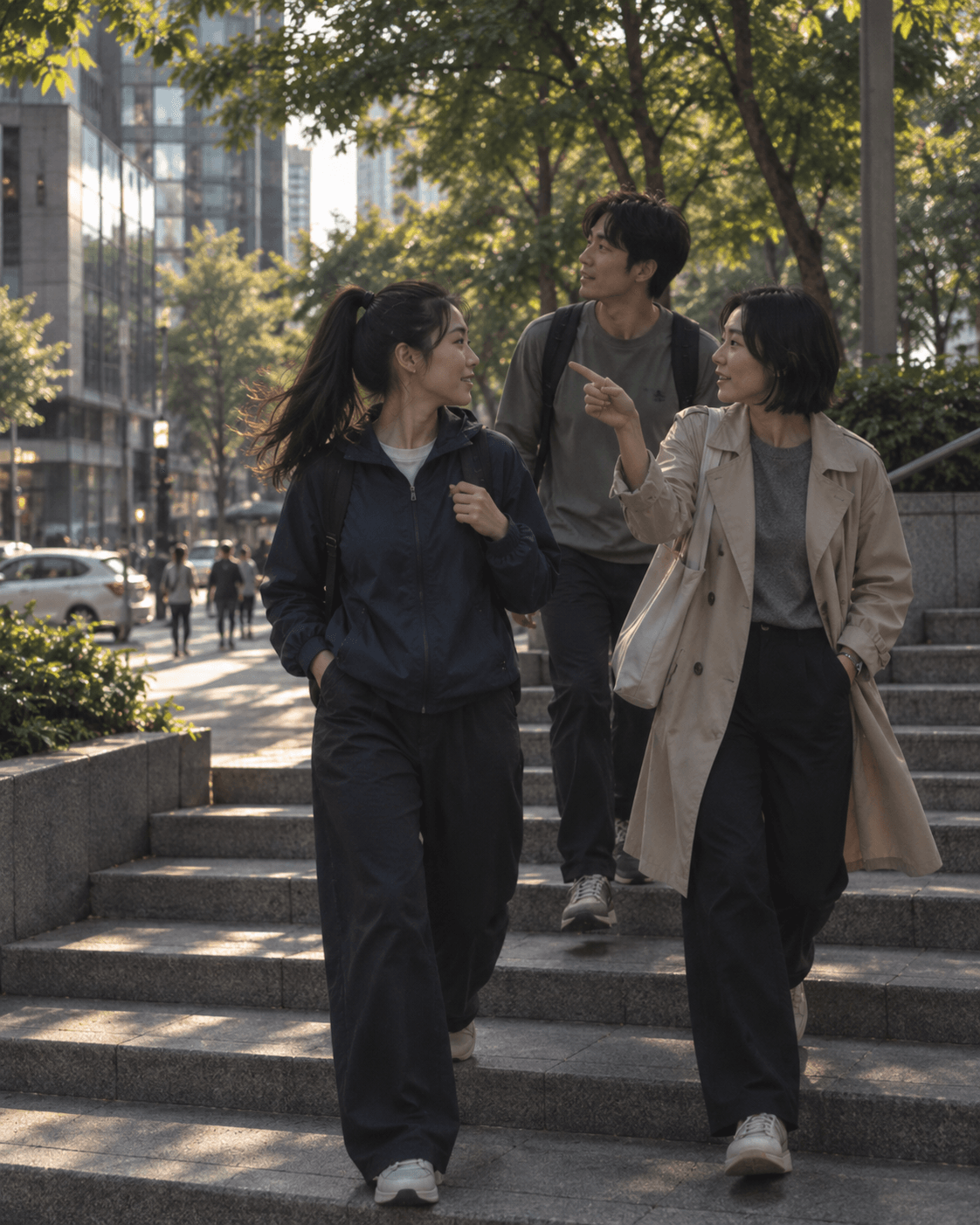 三位年轻成年人沿城市公园阶梯缓步交流，一人指出街角细节；AI 生成生活情境配图。