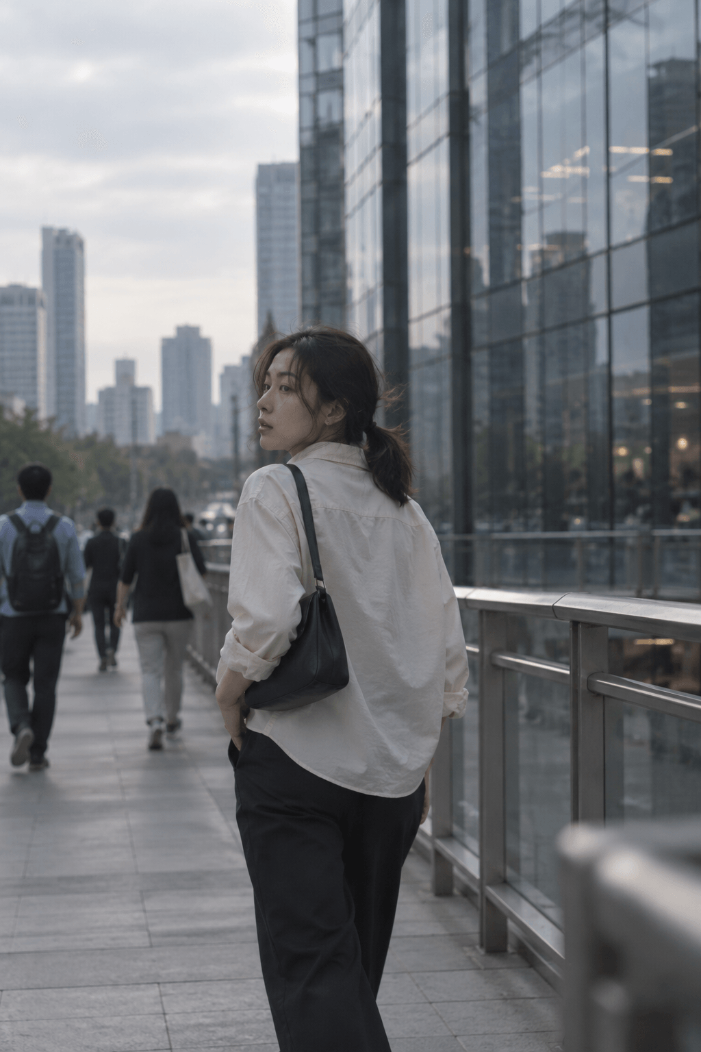 年轻女性走在城市步道桥上，途中回头，玻璃建筑与行人退到背景；AI 生成生活情境配图。