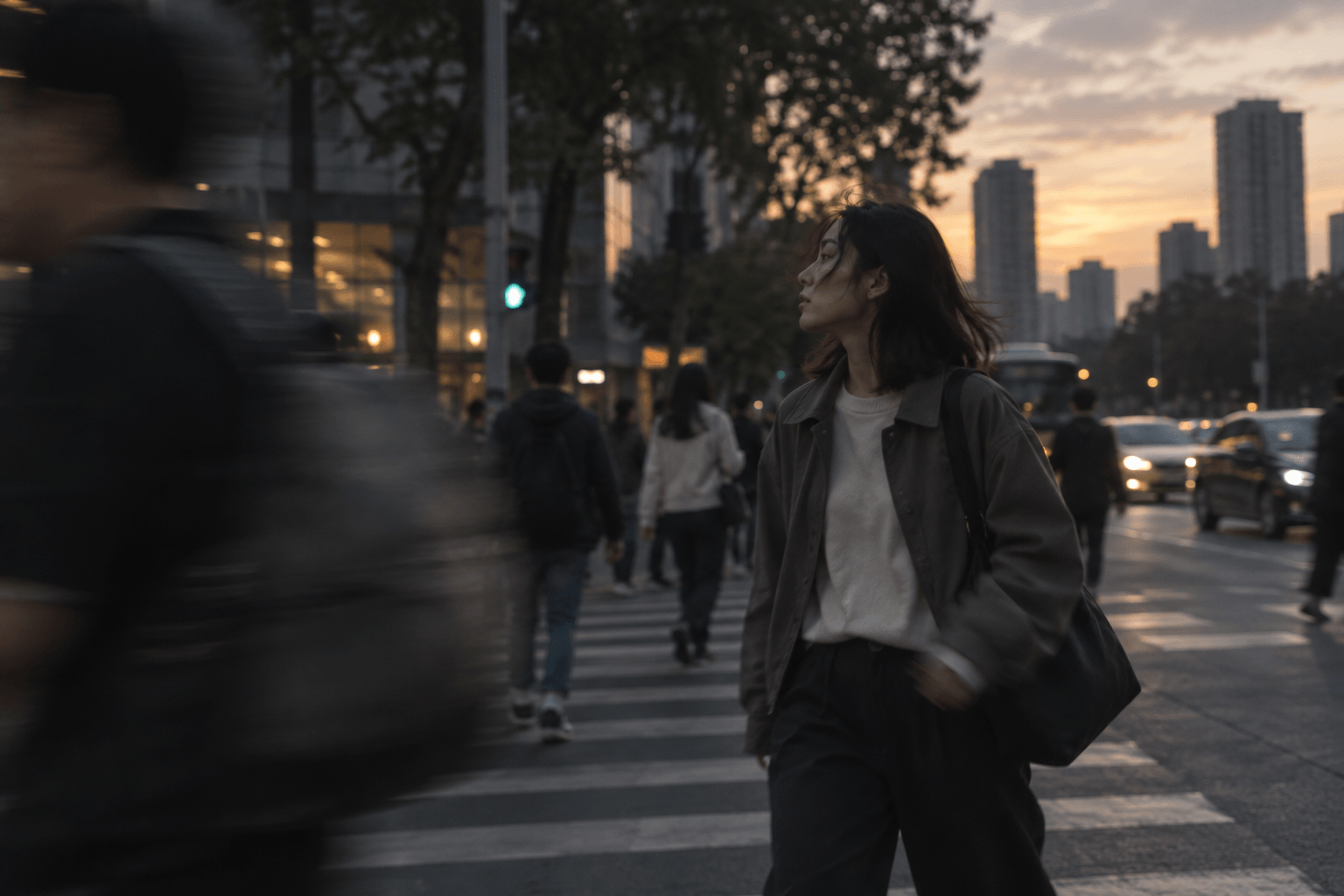 年轻女性走过暮色城市街口,近处行人掠过,远处车流继续;AI 生成生活情境配图。