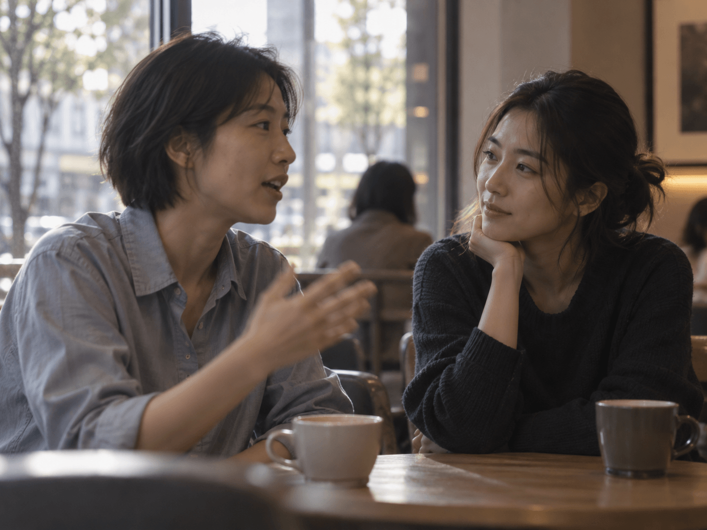 两位年轻女性在窗边交谈,一人正在说话,另一人专注回应;AI 生成生活情境配图。