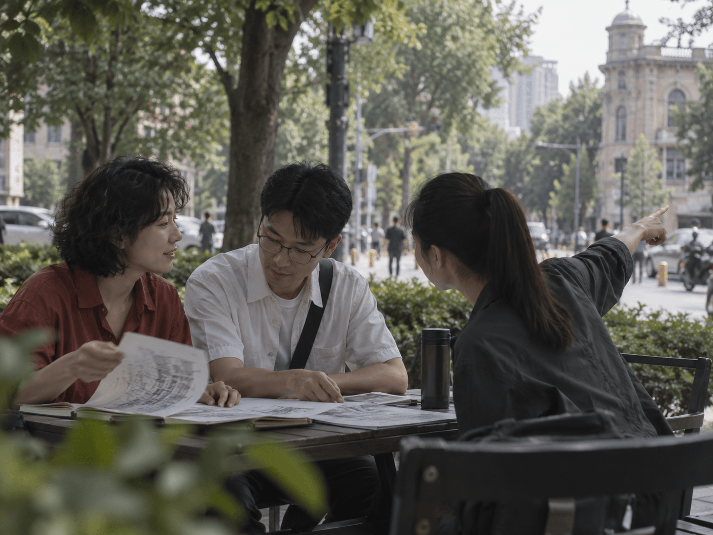 三位年轻成年人在户外桌边看街角速写,一人指向附近建筑;AI 生成生活情境配图。