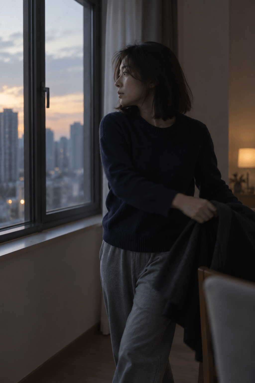 一位年轻女性刚把外套搭到椅背上,转头看向窗外的傍晚城市;AI 生成生活情境配图。