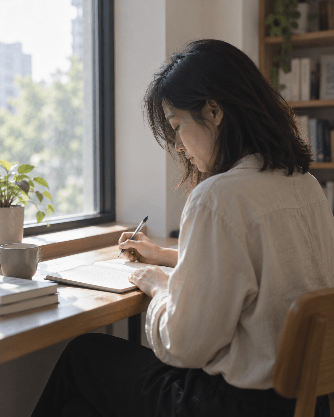 年轻女性在窗边桌前写下想法,笔停在纸面上方;AI 生成生活情境配图。