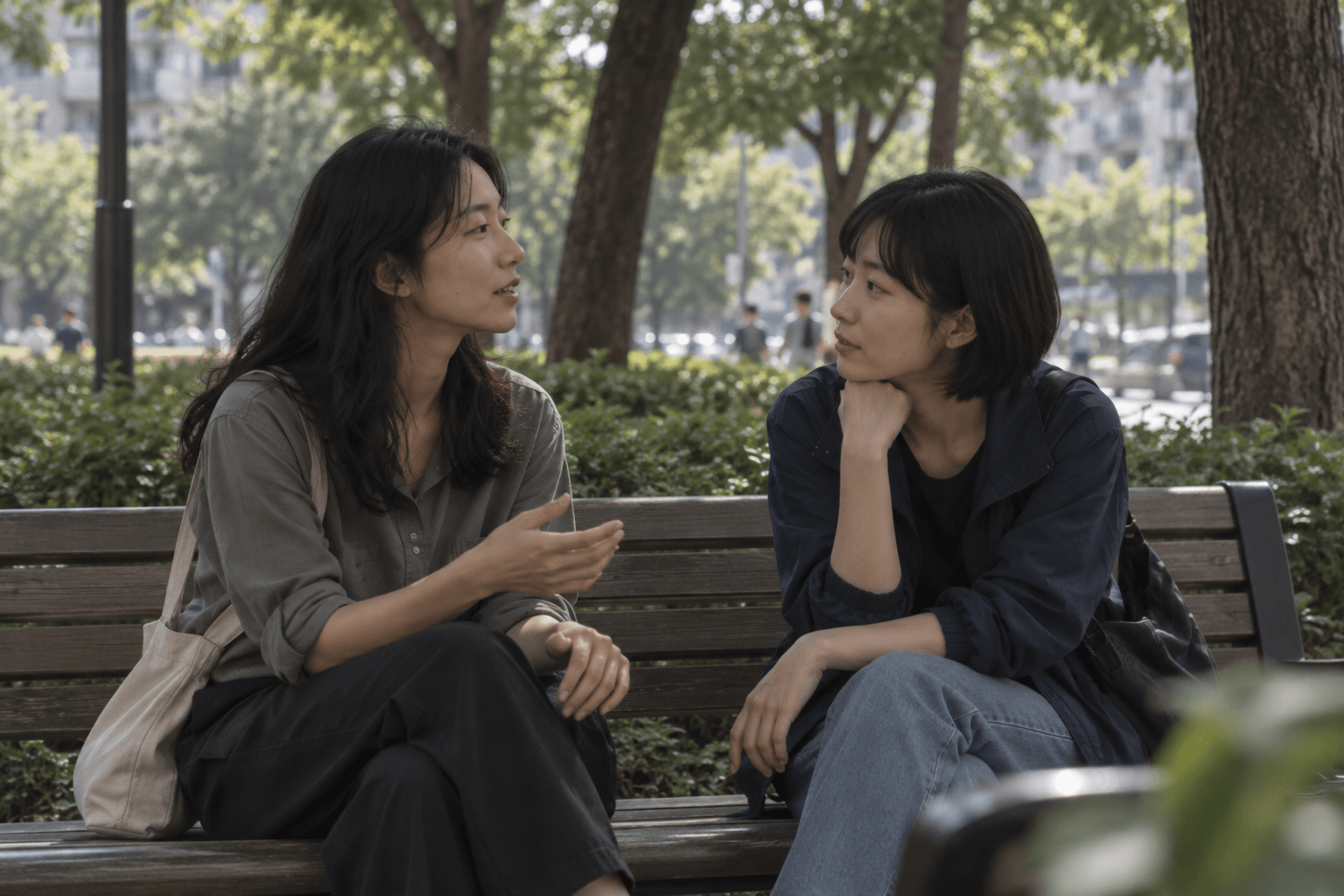 两位女性坐在公园长椅上交谈,一人用手表达,另一人专注回应;AI 生成生活情境配图。